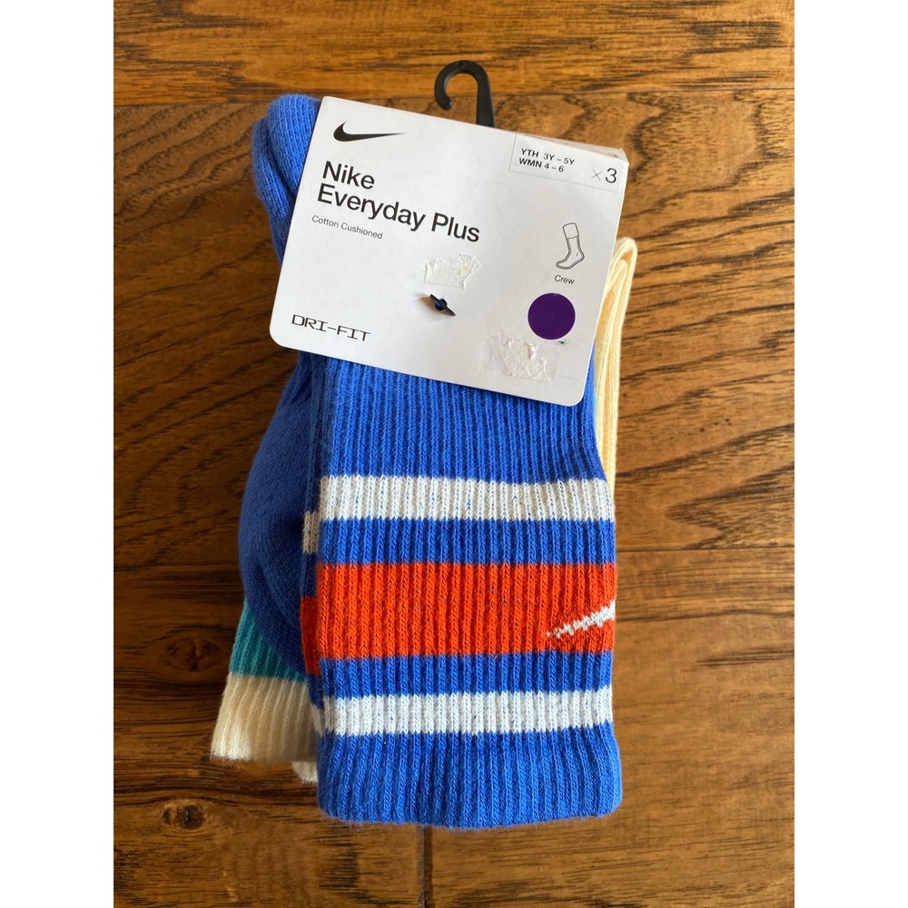 Nike Everyday Plus Cushioned Crew Socks 3-Pack Blue Cream DX7665-904 Youth 3Y-5Y